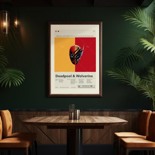 Mid-century modern poster of Deadpool and Wolverine with vintage furniture style