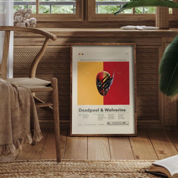 Mid-century modern poster of Deadpool and Wolverine with vintage furniture style