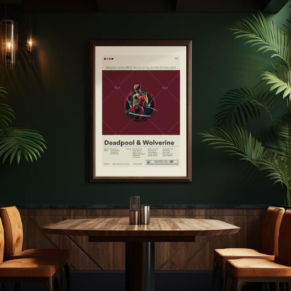 Mid-century modern Deadpool and Wolverine movie graphic poster