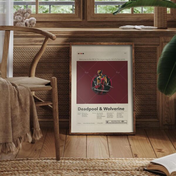Mid-century modern Deadpool and Wolverine movie graphic poster