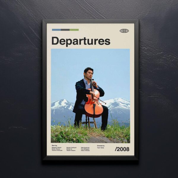 Mid-century modern Departures movie poster with 20th century design style