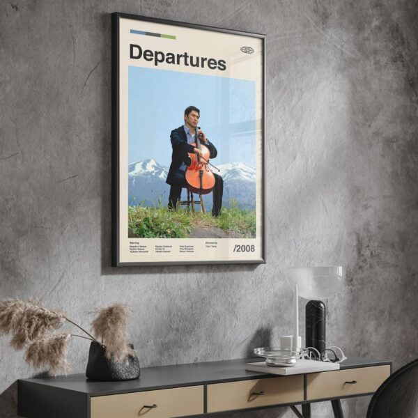 Mid-century modern Departures movie poster with 20th century design style
