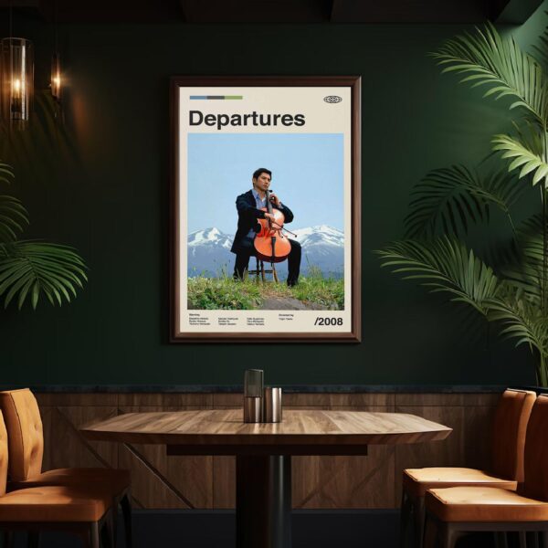 Mid-century modern Departures movie poster with 20th century design style