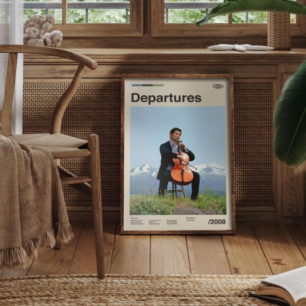 Mid-century modern Departures movie poster with 20th century design style