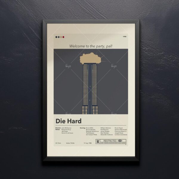 Mid-century modern Die Hard movie poster design with retro style graphics