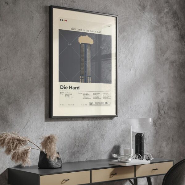 Mid-century modern Die Hard movie poster design with retro style graphics