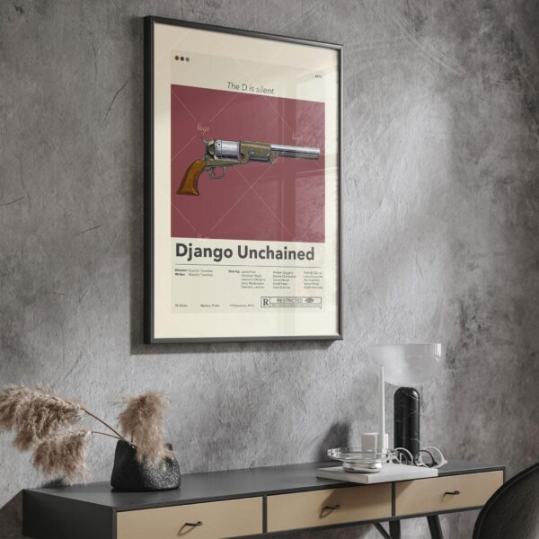 Mid-century modern Django Unchained movie poster with retro furniture design