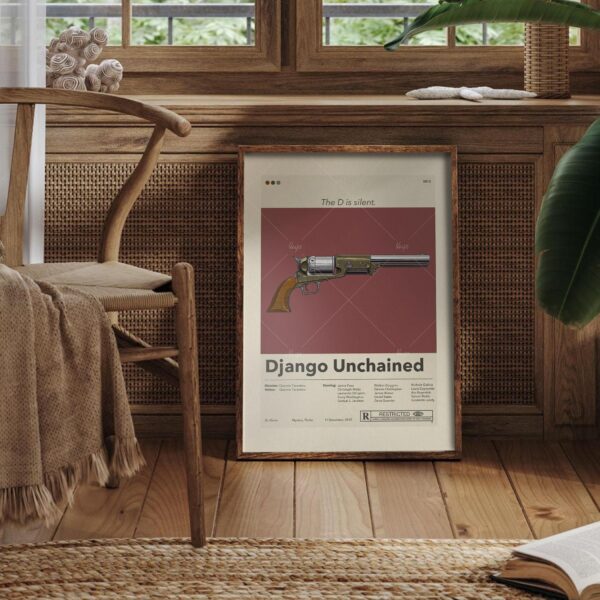 Mid-century modern Django Unchained movie poster with retro furniture design