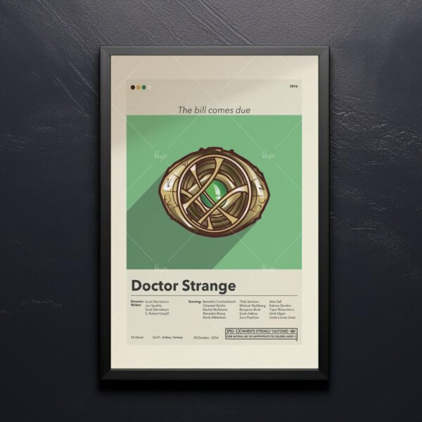 Mid century modern style Doctor Strange movie poster with house design