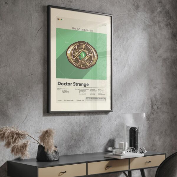 Mid century modern style Doctor Strange movie poster with house design