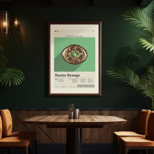 Mid century modern style Doctor Strange movie poster with house design