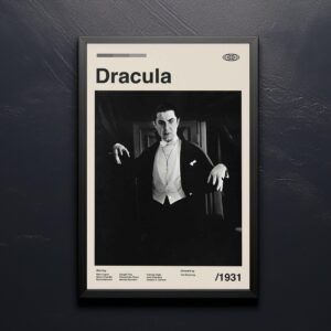 Mid-century modern style Dracula movie poster featuring house illustration