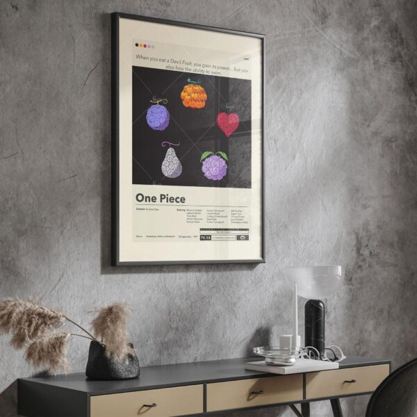 Mid-century modern poster of Dream 9 Toriko, One Piece, Dragon Ball Z collaboration