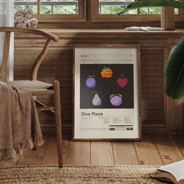 Mid-century modern poster of Dream 9 Toriko, One Piece, Dragon Ball Z collaboration