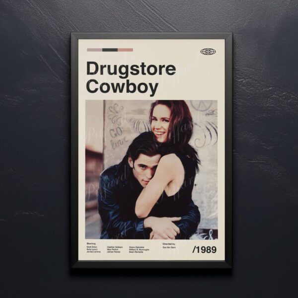 Mid-century modern Drugstore Cowboy movie poster with vintage design
