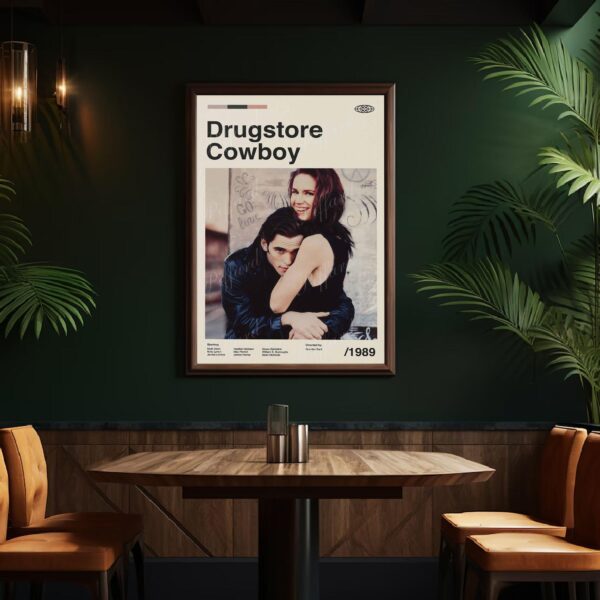 Mid-century modern Drugstore Cowboy movie poster with vintage design