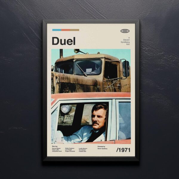 Mid-century modern Duel movie poster with 20th century design elements