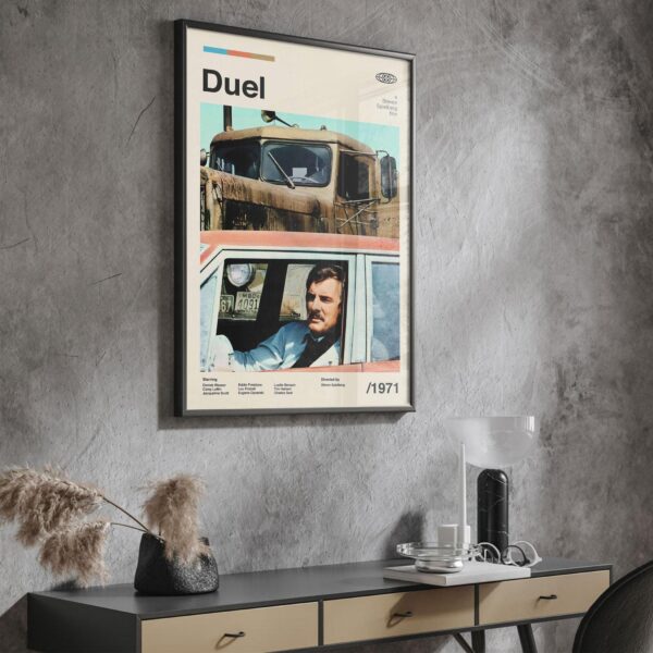 Mid-century modern Duel movie poster with 20th century design elements