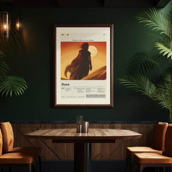 Mid-century modern style Dune movie poster with retro geometric design