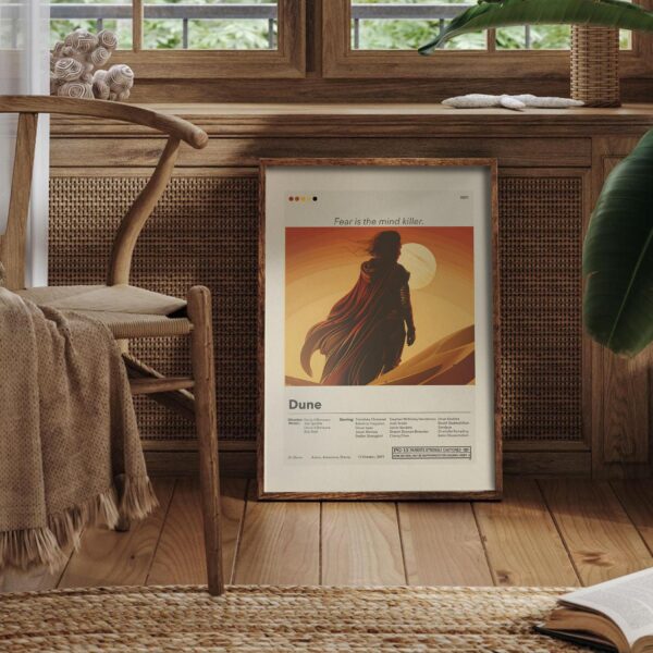 Mid-century modern style Dune movie poster with retro geometric design