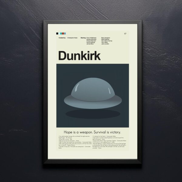 Mid-century modern Dunkirk movie poster art with vintage style graphics
