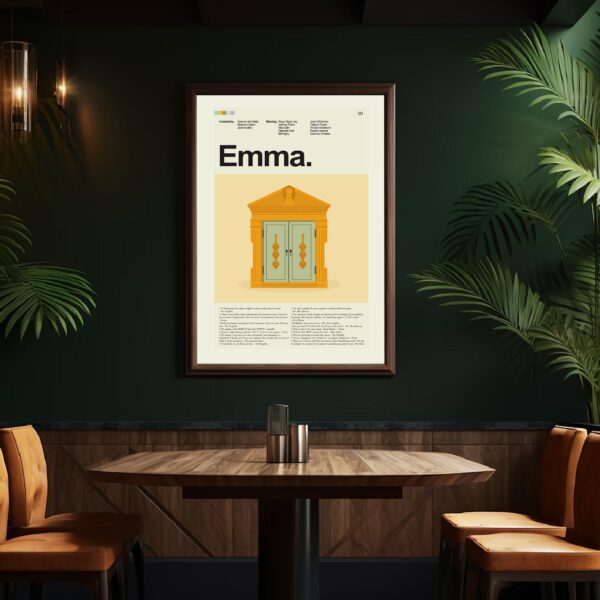Emma movie poster in mid-century modern graphic style with bold shapes
