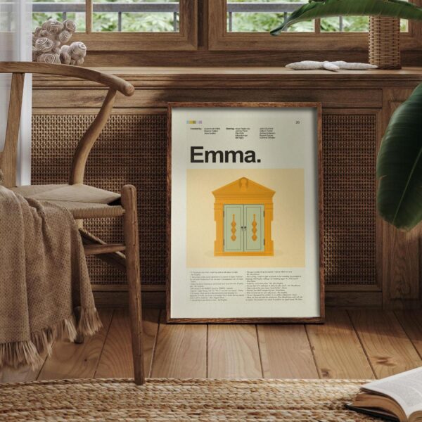 Emma movie poster in mid-century modern graphic style with bold shapes