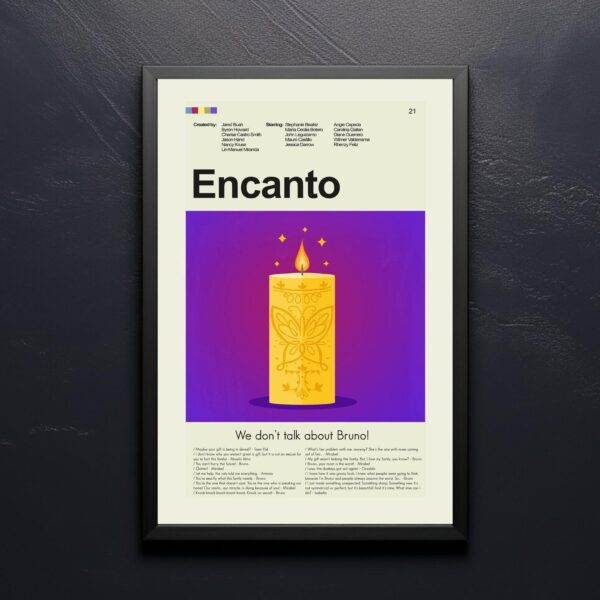 Encanto movie poster in vintage mid-century modern style with bold colors
