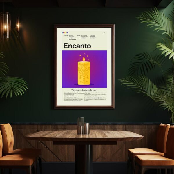Encanto movie poster in vintage mid-century modern style with bold colors