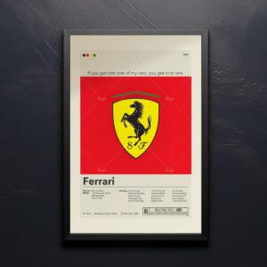 Mid-century modern poster of a Ferrari car with vintage house design