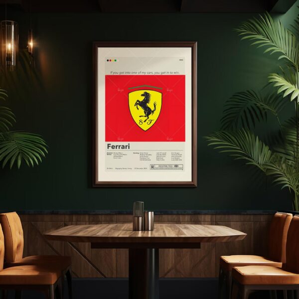 Mid-century modern poster of a Ferrari car with vintage house design