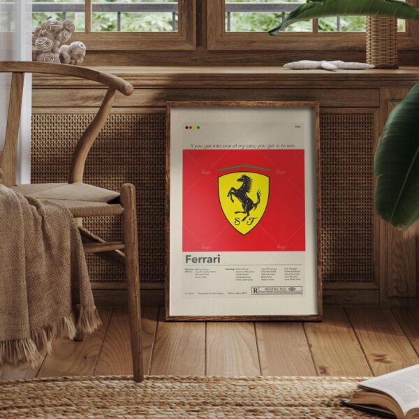 Mid-century modern poster of a Ferrari car with vintage house design