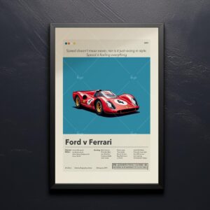 Mid-century modern Ford v Ferrari movie poster with vintage 20th century art style