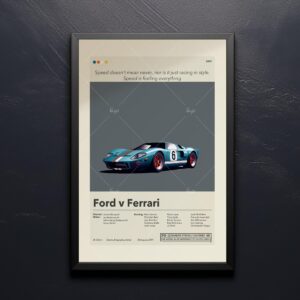 Ford v Ferrari movie poster in mid-century modern style with furniture elements