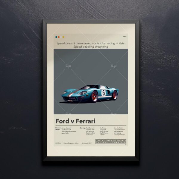 Ford v Ferrari movie poster in mid-century modern style with furniture elements