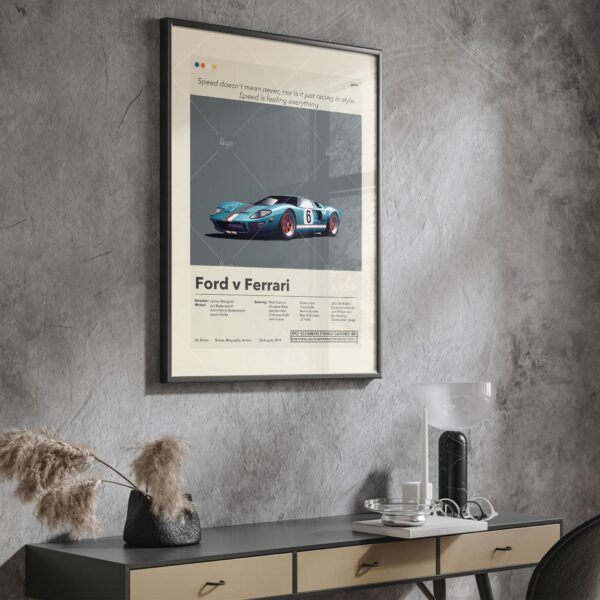 Ford v Ferrari movie poster in mid-century modern style with furniture elements