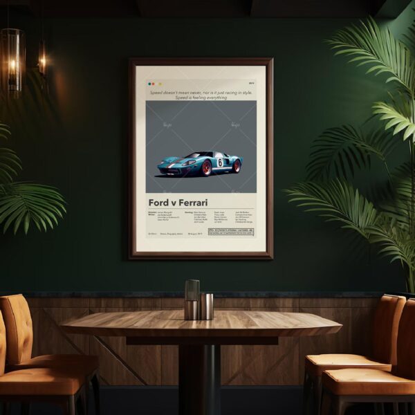 Ford v Ferrari movie poster in mid-century modern style with furniture elements