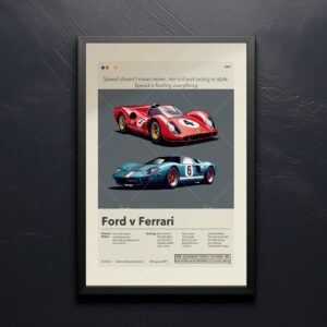 Mid-century modern Ford v Ferrari movie poster with vintage car design
