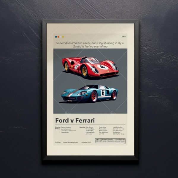 Mid-century modern Ford v Ferrari movie poster with vintage car design
