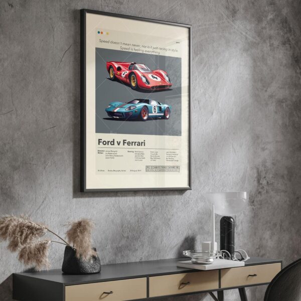 Mid-century modern Ford v Ferrari movie poster with vintage car design