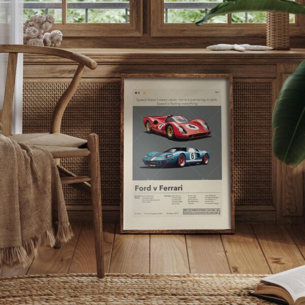 Mid-century modern Ford v Ferrari movie poster with vintage car design