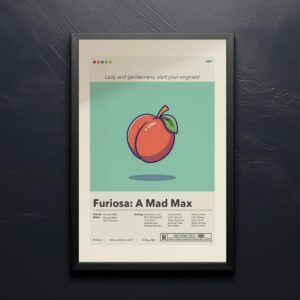 Mid-century modern movie poster of Furiosa from Mad Max Saga with vintage style