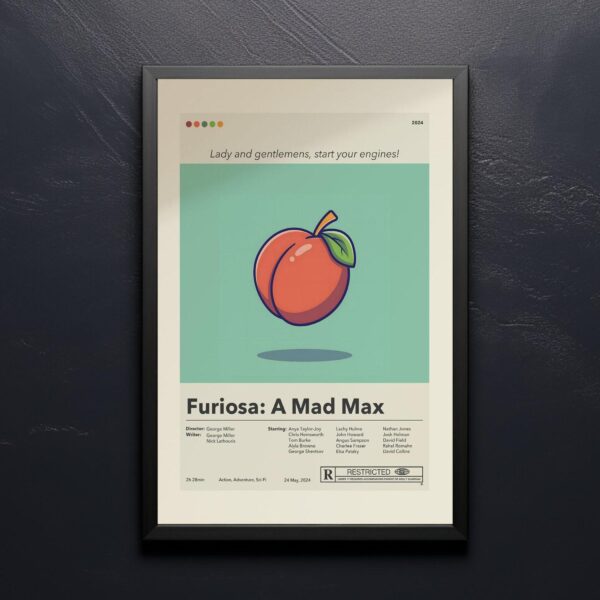 Mid-century modern movie poster of Furiosa from Mad Max Saga with vintage style