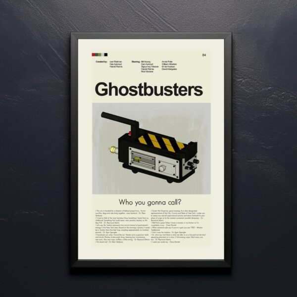 Mid-century modern Ghostbusters movie poster with vintage furniture style