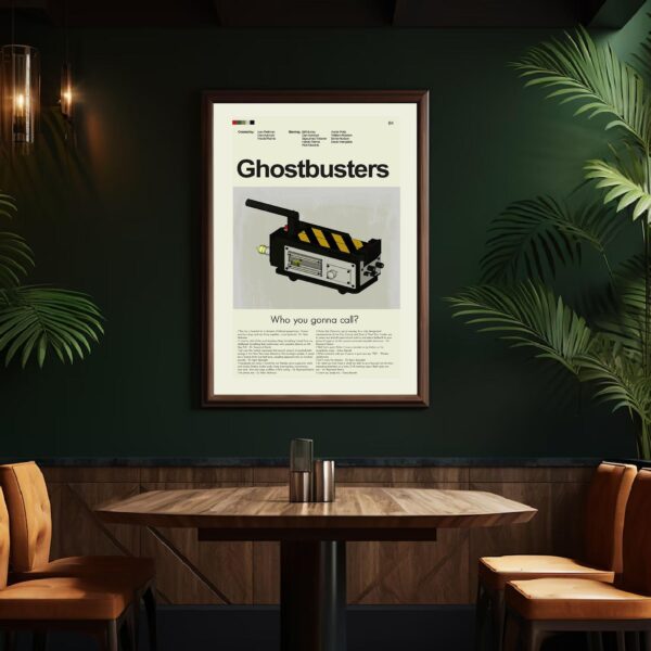 Mid-century modern Ghostbusters movie poster with vintage furniture style