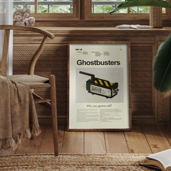 Mid-century modern Ghostbusters movie poster with vintage furniture style