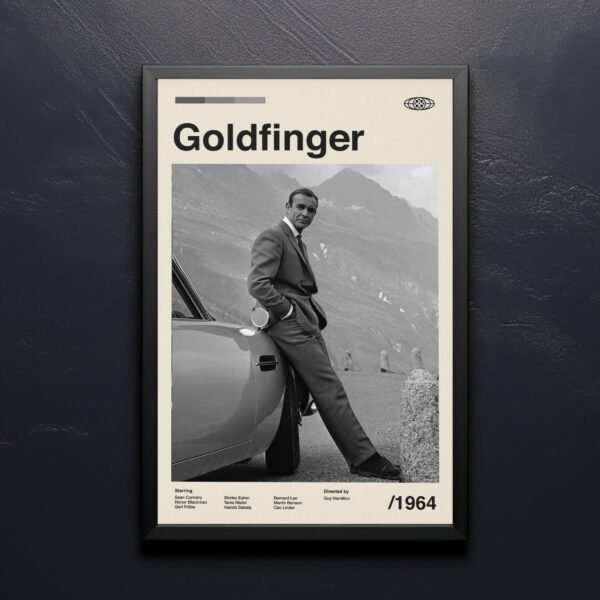 Goldfinger movie poster in mid-century modern design style