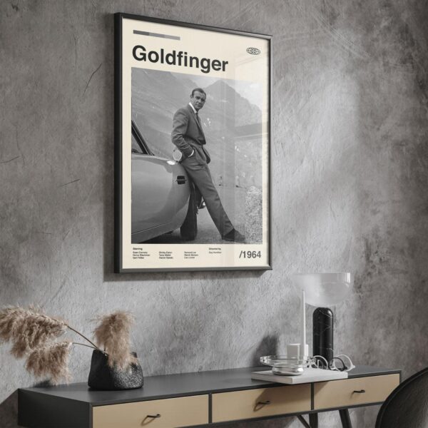 Goldfinger movie poster in mid-century modern design style
