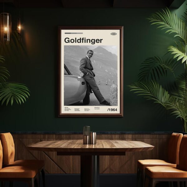 Goldfinger movie poster in mid-century modern design style