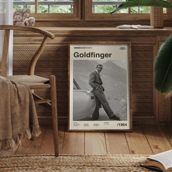 Goldfinger movie poster in mid-century modern design style
